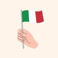 caricatura, mano, tenencia, italiano, flag. bandera de italia, ilustración conceptual, vector aislado de diseño plano.