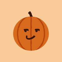 Emoticon sonriente de calabaza de Halloween, cara naranja con una expresión facial astuta, engreída, traviesa o sugerente. vacaciones de octubre jack o linterna vector aislado