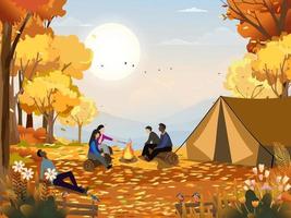 familia disfrutando de vacaciones acampando en el campo en otoño, grupo de personas sentadas cerca de la carpa y fogata divirtiéndose hablando juntos, paisaje rural vectorial en el árbol del bosque de otoño con cielo de puesta de sol vector