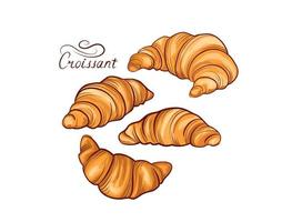 conjunto de iconos de comida francesa croissant. Arte de línea de dibujo a mano de comida de panadería sobre fondo blanco. pancarta de pastel para el desayuno vector