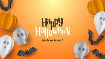 Happy Halloween banner background with clouds and pumpkins in paper cut style. Full moon in the sky, spiders web, skull, ghost and flying bats. Vector Illustration