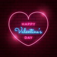 Happy Valentine's Day background with bright pink vector neon heart on red brick walls