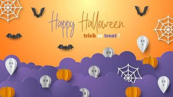 Happy Halloween banner background with clouds and pumpkins in paper cut style. Full moon in the sky, spiders web, skull, ghost and flying bats. Vector Illustration