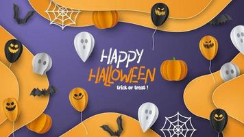 Happy Halloween banner background with clouds and pumpkins in paper cut style. Full moon in the sky, spiders web, skull, ghost and flying bats. Vector Illustration