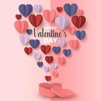 Happy valentines day paper cut style with colorful heart shape in pink background vector