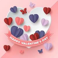 Happy valentines day paper cut style with colorful heart shape in pink background vector