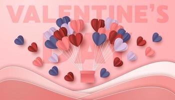 Happy valentines day paper cut style with colorful heart shape in pink background vector