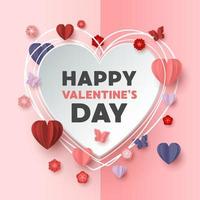 Happy valentines day paper cut style with colorful heart shape in pink background vector