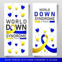 Afiche vectorial del día mundial del síndrome de down con cinta azul y amarilla. cartel social 21 de marzo día mundial del síndrome de down. vector