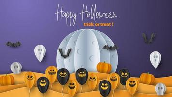 Happy Halloween banner background with clouds and pumpkins in paper cut style. Full moon in the sky, spiders web, skull, ghost and flying bats. Vector Illustration