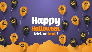 Happy Halloween banner background with clouds and pumpkins in paper cut style. Full moon in the sky, spiders web, skull, ghost and flying bats. Vector Illustration