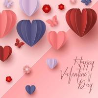 Happy valentines day paper cut style with colorful heart shape in pink background vector