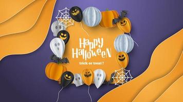 Happy Halloween banner background with clouds and pumpkins in paper cut style. Full moon in the sky, spiders web, skull, ghost and flying bats. Vector Illustration