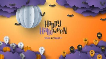 Happy Halloween banner background with clouds and pumpkins in paper cut style. Full moon in the sky, spiders web, skull, ghost and flying bats. Vector Illustration