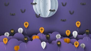 Happy Halloween banner background with clouds and pumpkins in paper cut style. Full moon in the sky, spiders web, skull, ghost and flying bats. Vector Illustration