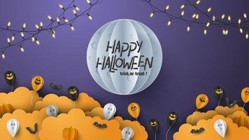 Happy Halloween banner background with clouds and pumpkins in paper cut style. Full moon in the sky, spiders web, skull, ghost and flying bats. Vector Illustration