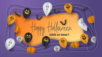 Happy Halloween banner greeting card background in paper cut style. Vector Illustration