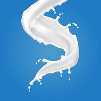 Vector illustrations of milk splash and pouring, realistic natural dairy products, yogurt or cream, isolated on blue background.
