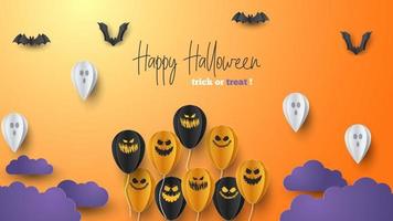 Happy Halloween banner background with clouds and pumpkins in paper cut style. Full moon in the sky, spiders web, skull, ghost and flying bats. Vector Illustration