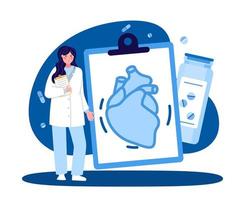 A female medical worker. Cardiologist with a tablet. The concept of medicine and health. Vector illustration in a flat style on a blue background