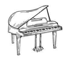 Grand piano musical instrument style hand drawn. Vector black and white doodle illustration