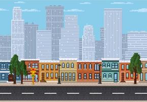 Pixel cityscape, 8 bit pixel art game landscape vector