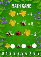 Math game worksheet with cartoon insect characters vector