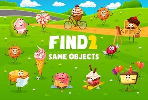 Find two same cartoon desserts characters game vector