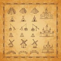 Vintage map castle, pyramid, bridge sketches vector