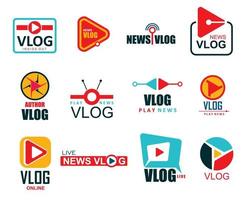 Iconos de vlog, transmisión de televisión y blog de transmisión en vivo vector