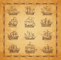 barco de vela, boceto de bergantín de velero, mapa vintage vector