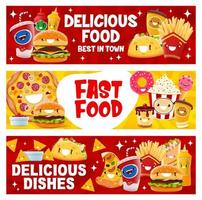 Cartoon takeaway fast food characters banners vector