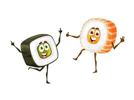 Cartoon dancing japanese roll characters, food vector