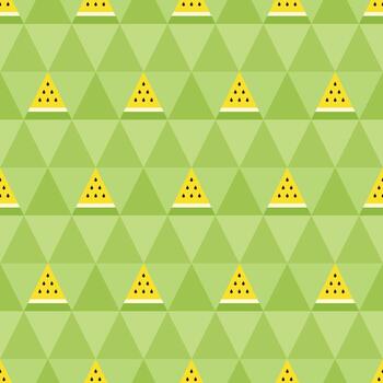 Yellow watermelon themed background. Geometric seamless triangle fruit pattern motif. Simple flat vector illustration. Watermelon in triangular slices. For backdrops, covers, prints, and wallpapers.