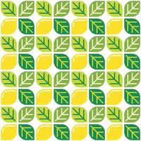 Yellow lemon themed background and leaves. Geometric seamless fruit pattern motif. Simple flat vector illustration. Lemonade, lime, citrus, and orange. For backdrops, covers, prints, and wallpapers.
