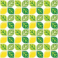 Yellow lemon themed background and leaves. Geometric seamless fruit pattern motif. Simple flat vector illustration. Lemonade, lime, citrus, and orange. For backdrops, covers, prints, and wallpapers.