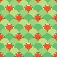 Red watermelon themed background. Geometric seamless fruit pattern motif. Simple flat vector illustration. Circle shapes and sliced watermelon. For backdrops, covers, prints, fabrics and wallpapers.