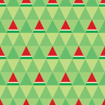 Red watermelon themed background. Geometric seamless triangle fruit pattern motif. Simple flat vector illustration. Watermelon in triangular slices. For backdrops, covers, prints, and wallpapers.