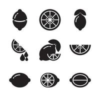 Lemon icon set. Minimalist symbol in black, isolated on a white background. Simple flat vector of fresh fruit. Lime, lemonade, oranges, citrus and leaves. Various shapes of whole objects and slices.