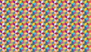 Abstract vector background with colorful symmetrical parallelogram shapes. Simple flat illustration of multicolored stacking cube. Geometry seamless pattern artwork, squares, rhombuses, hexagons.