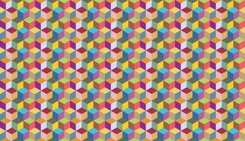 Abstract vector background with colorful symmetrical parallelogram shapes. Simple flat illustration of multicolored stacking cube. Geometry seamless pattern artwork, squares, rhombuses, hexagons.