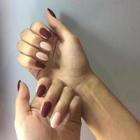 Manicure of different colors on nails. Female manicure on the hand on grey background photo