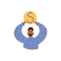 A man holds a gold coin in his hands. The concept of saving, wealth, cashback, investment. Vector illustration in flat style