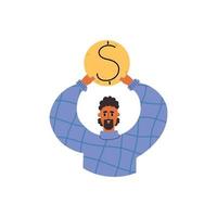 un hombre sostiene una moneda de oro en sus manos. el concepto de ahorro, riqueza, reembolso, inversión. ilustración vectorial en estilo plano vector