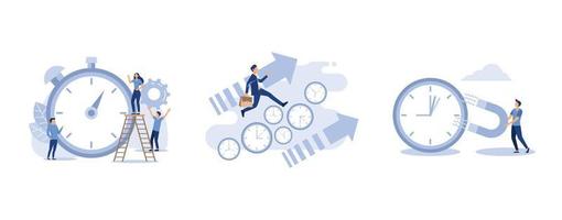 time management concept, people rush to do everything on work matters,  the alarm clock is ringing on a white background, set flat vector modern illustration