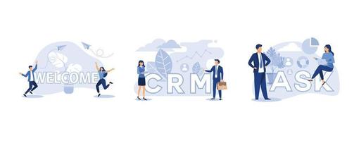 characters standing near the word greetings and giving greetings signs, customer relationship management,  web site development, set flat vector modern illustration