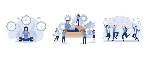 meditation during working hours, company is engaged in joint construction of column graphs,  a group of people dancing and having fun to the music, set flat vector modern illustration