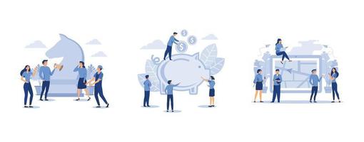 businessmen plan a business plan strategy,  a large piggy bank in the form of a piglet on a white background, online map on a tablet, set flat vector modern illustration