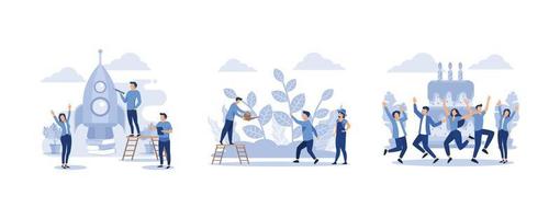 people are building a spaceship rocket, grow a plant,  little people celebrate corporate at work standing near a big cake, set flat vector modern illustration