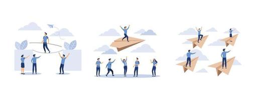 the concept of business motivation and ambition,  a man rises up on a paper plane, businessman fly behind the leader on paper planes up and pointing to success, set flat vector modern illustration